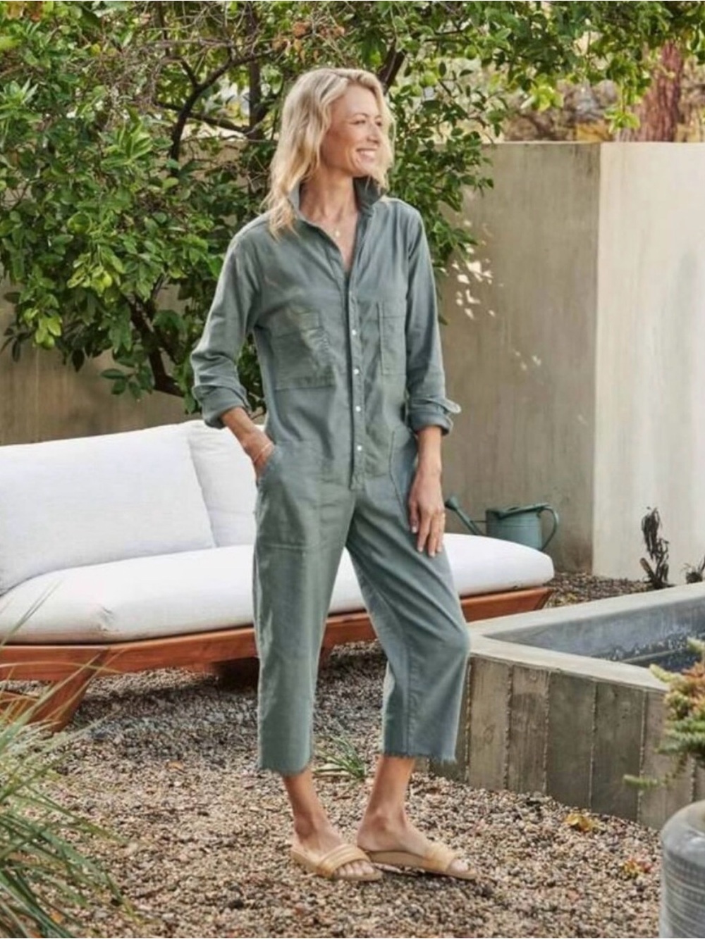 Frank & Eileen $488 Northern Ireland Italian Performance Linen Jumpsuit in Sage